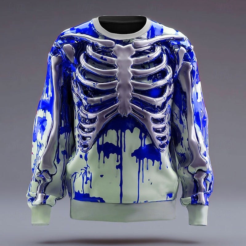Herren-Sweatshirt mit Rundhalsausschnitt und Skelettmotiv, Halloween-Oberteil mit Motiv