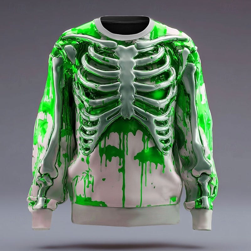 Herren-Sweatshirt mit Rundhalsausschnitt und Skelettmotiv, Halloween-Oberteil mit Motiv