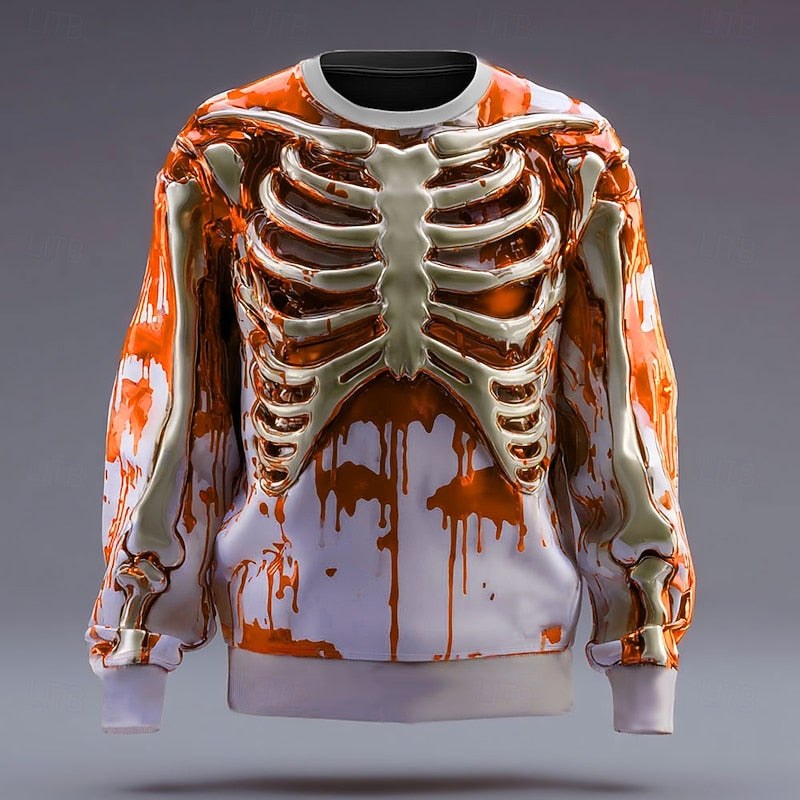 Herren-Sweatshirt mit Rundhalsausschnitt und Skelettmotiv, Halloween-Oberteil mit Motiv