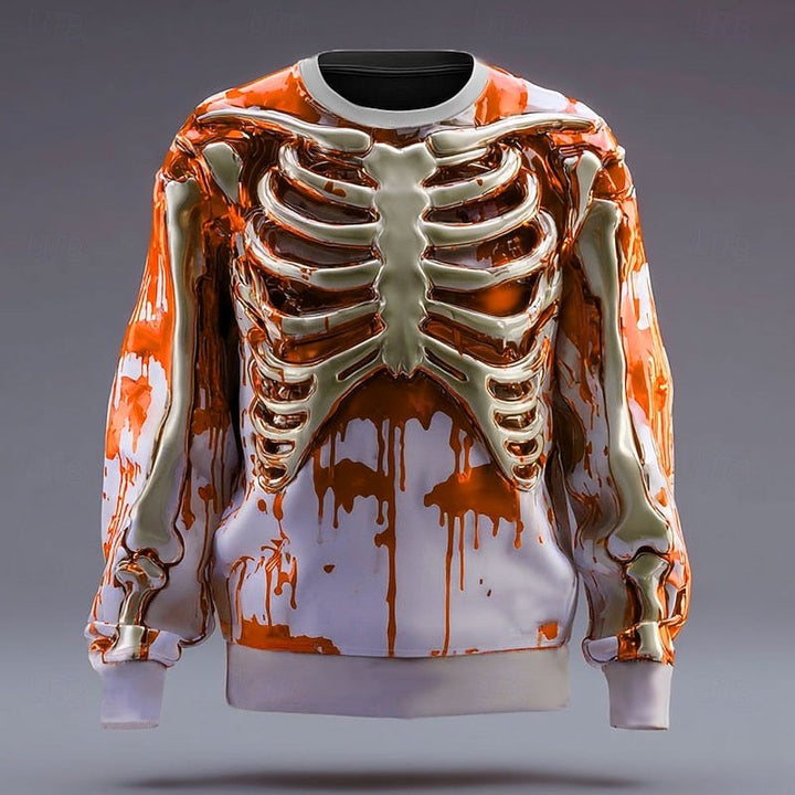 Herren-Sweatshirt mit Rundhalsausschnitt und Skelettmotiv, Halloween-Oberteil mit Motiv