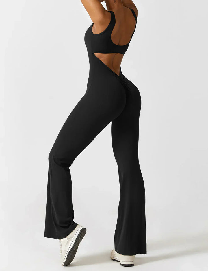 Sophia | Women's Flared Scrunched V-Back Jumpsuit-Metro Lane Plaza
