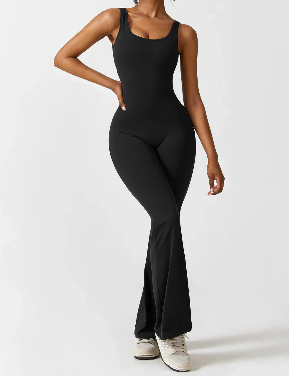 Sophia | Women's Flared Scrunched V-Back Jumpsuit-Metro Lane Plaza