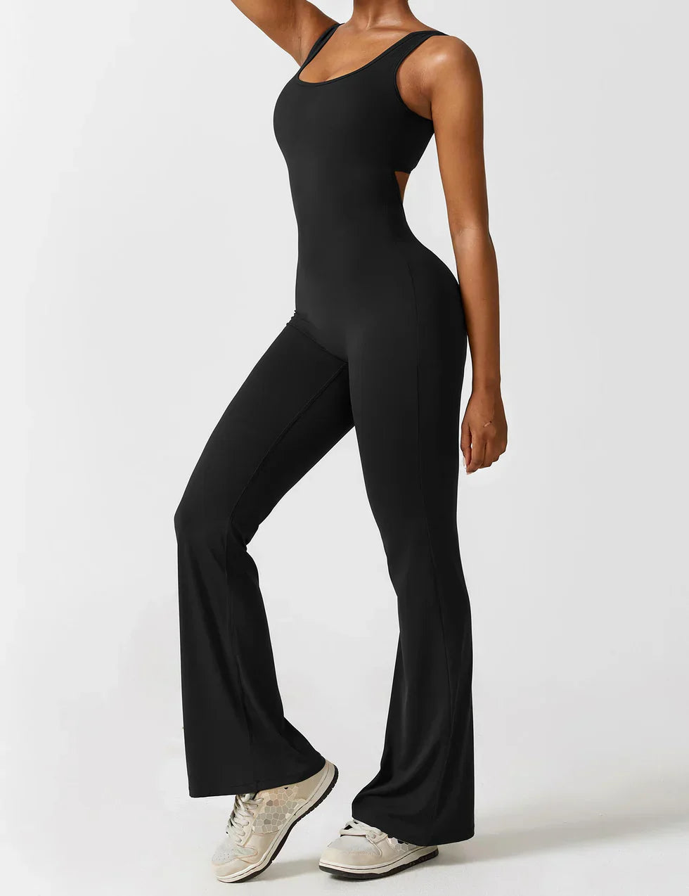 Sophia | Women's Flared Scrunched V-Back Jumpsuit-Metro Lane Plaza