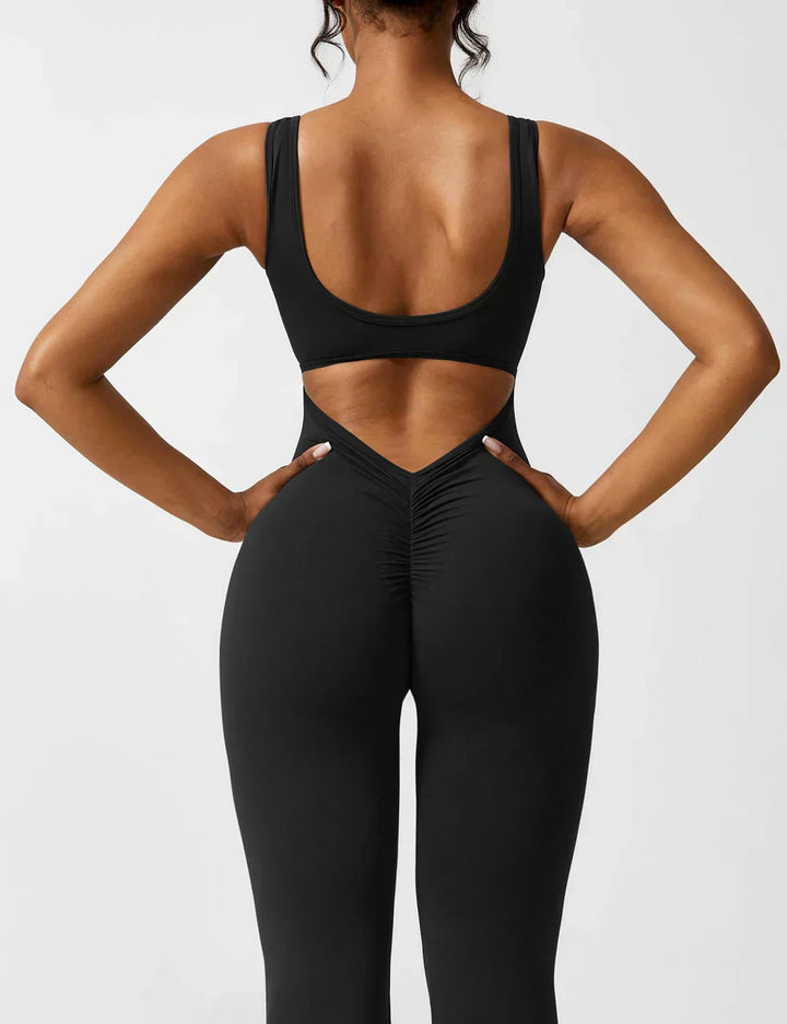 Sophia | Women's Flared Scrunched V-Back Jumpsuit-Metro Lane Plaza