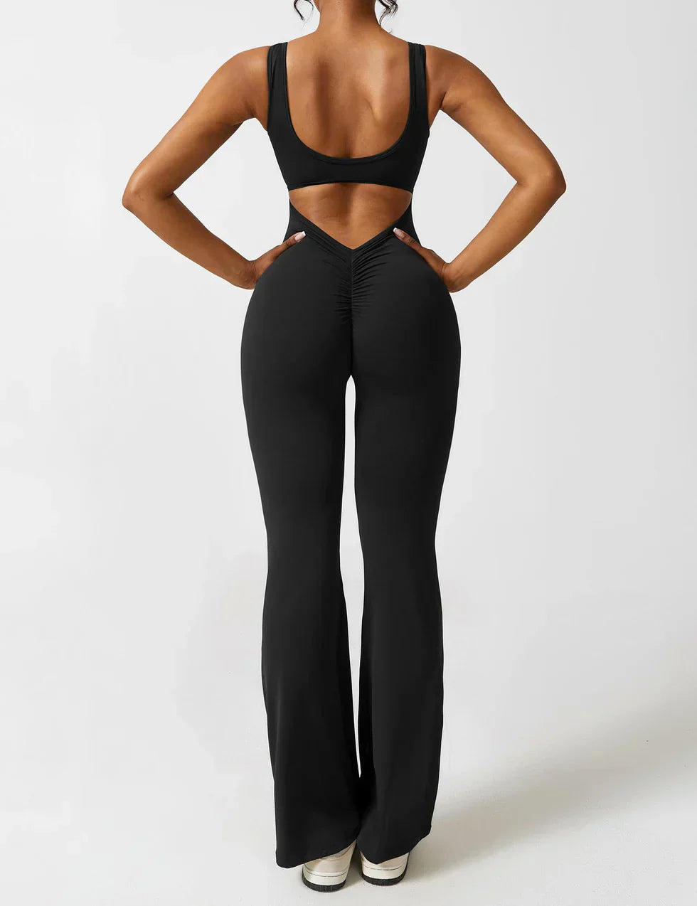 Sophia | Women's Flared Scrunched V-Back Jumpsuit-Metro Lane Plaza