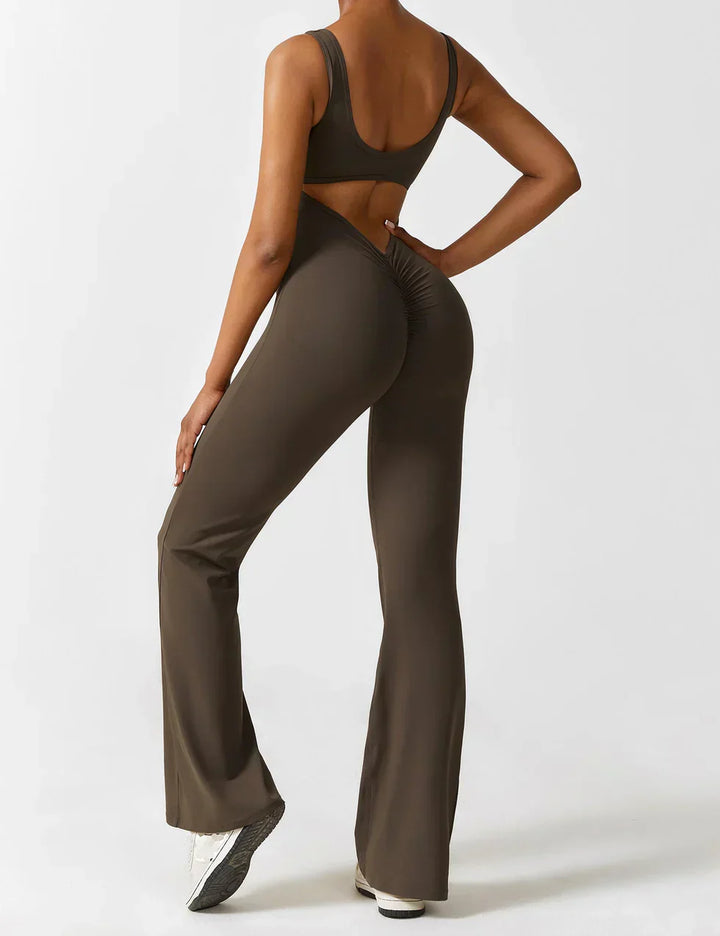 Sophia | Women's Flared Scrunched V-Back Jumpsuit-Metro Lane Plaza