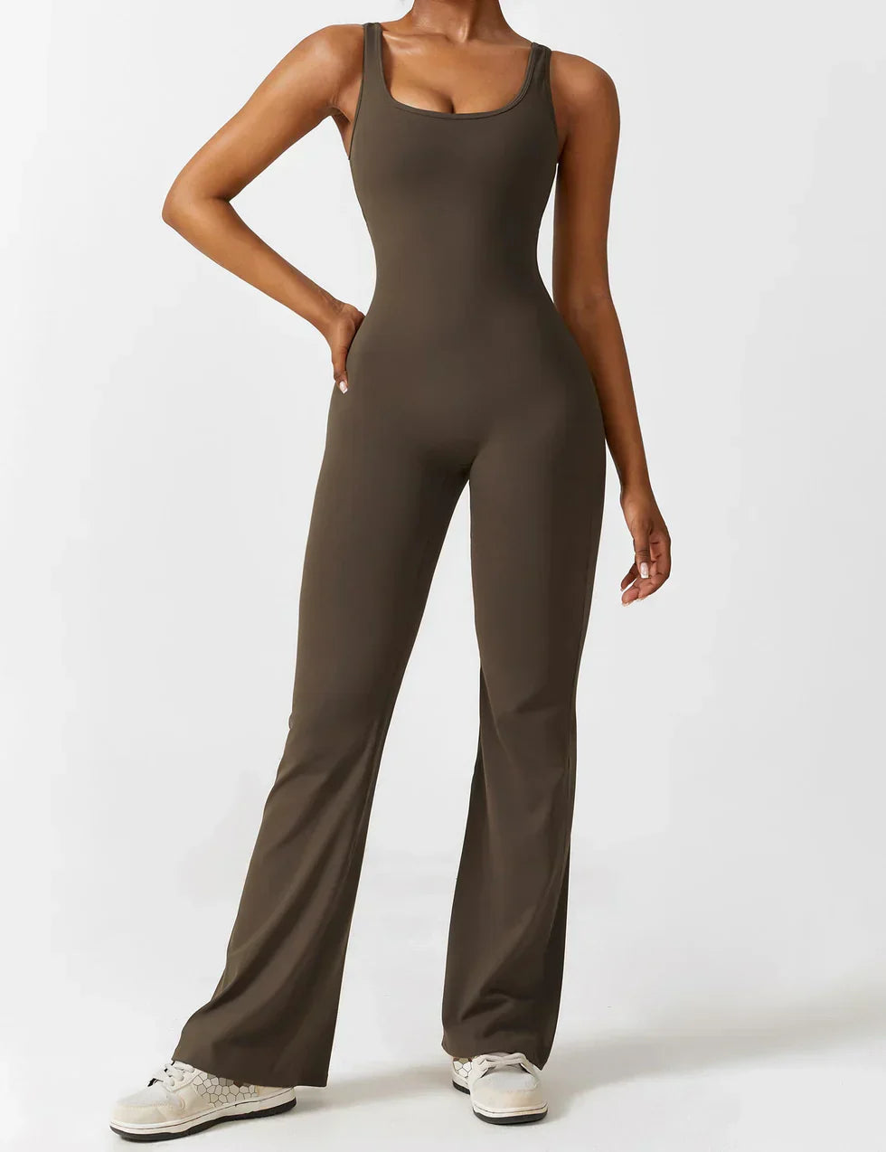 Sophia | Women's Flared Scrunched V-Back Jumpsuit-Metro Lane Plaza