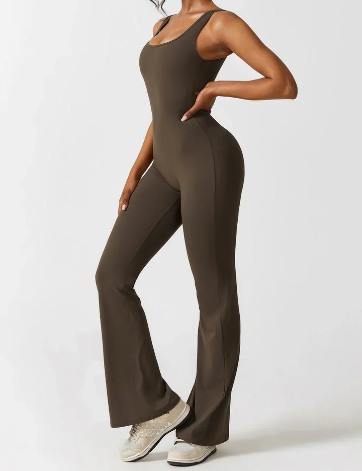 Sophia | Women's Flared Scrunched V-Back Jumpsuit-Metro Lane Plaza