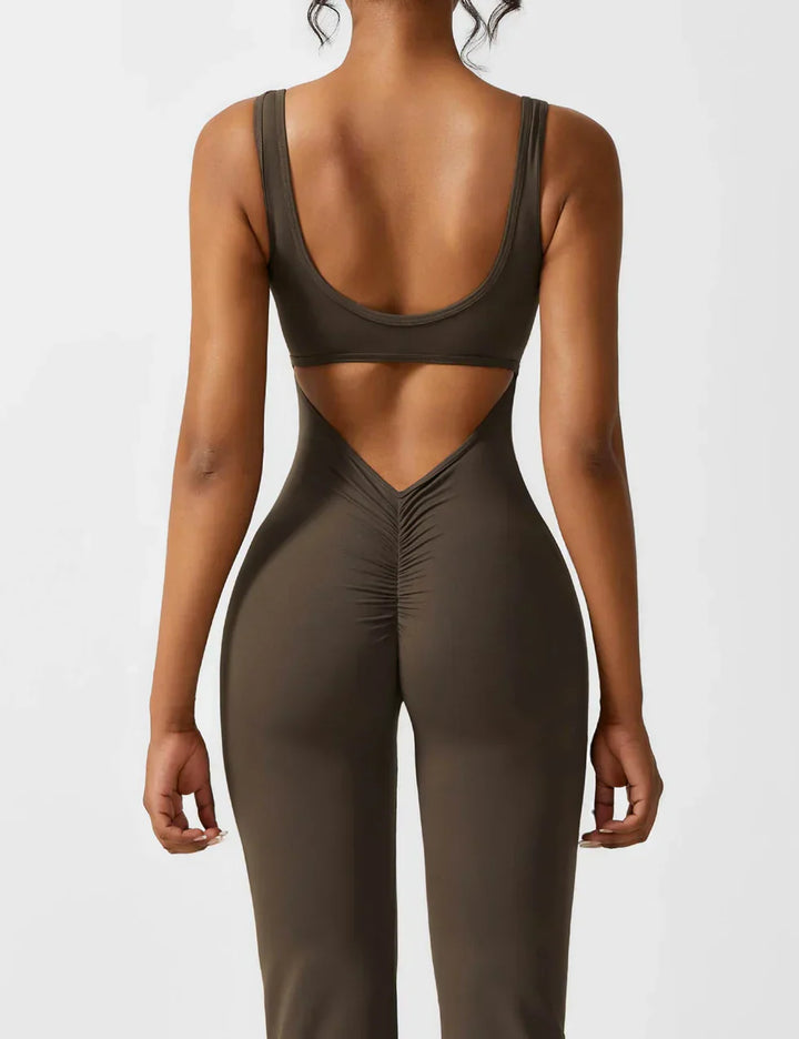 Sophia | Women's Flared Scrunched V-Back Jumpsuit-Metro Lane Plaza