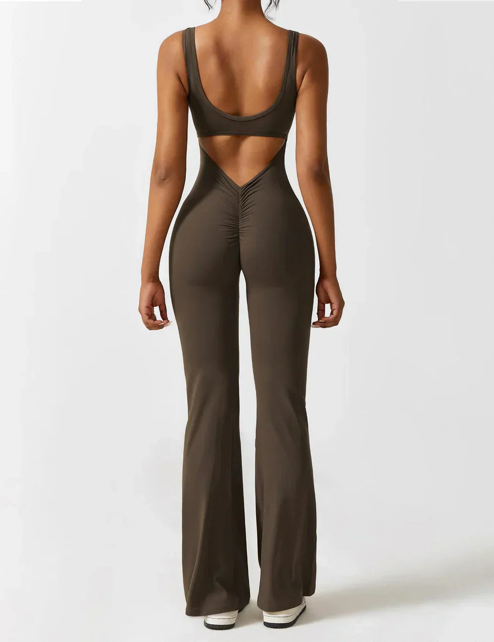 Sophia | Women's Flared Scrunched V-Back Jumpsuit-Metro Lane Plaza