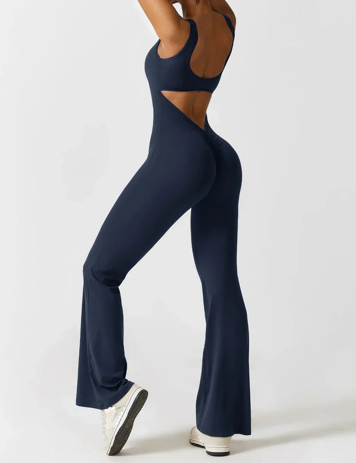 Sophia | Women's Flared Scrunched V-Back Jumpsuit-Metro Lane Plaza
