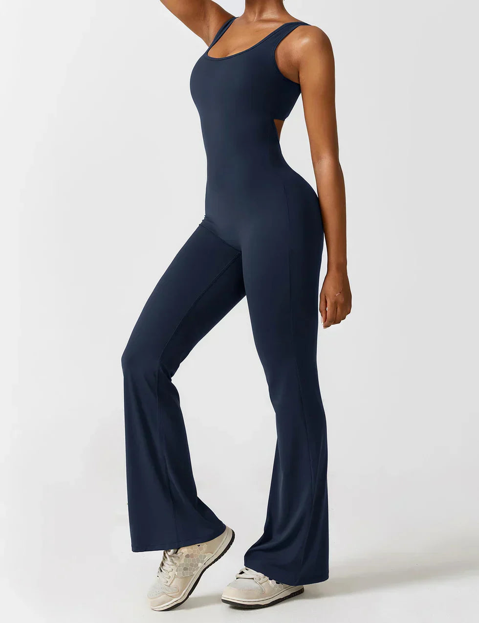 Sophia | Women's Flared Scrunched V-Back Jumpsuit-Metro Lane Plaza