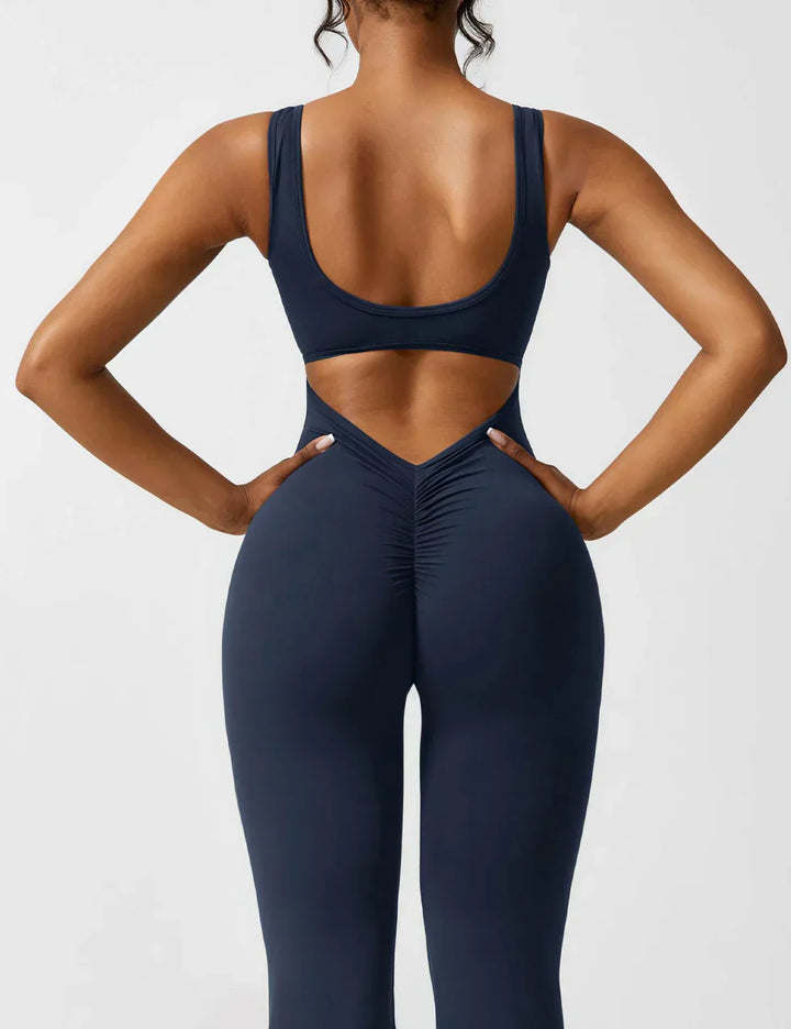 Sophia | Women's Flared Scrunched V-Back Jumpsuit-Metro Lane Plaza