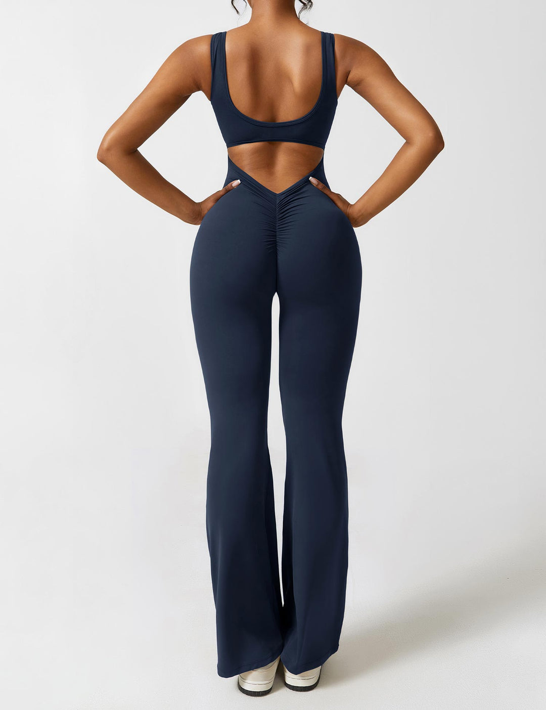 Sophia | Women's Flared Scrunched V-Back Jumpsuit-Metro Lane Plaza