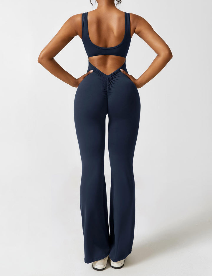 Sophia | Women's Flared Scrunched V-Back Jumpsuit-Metro Lane Plaza