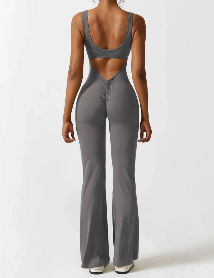 Sophia | Women's Flared Scrunched V-Back Jumpsuit-Metro Lane Plaza