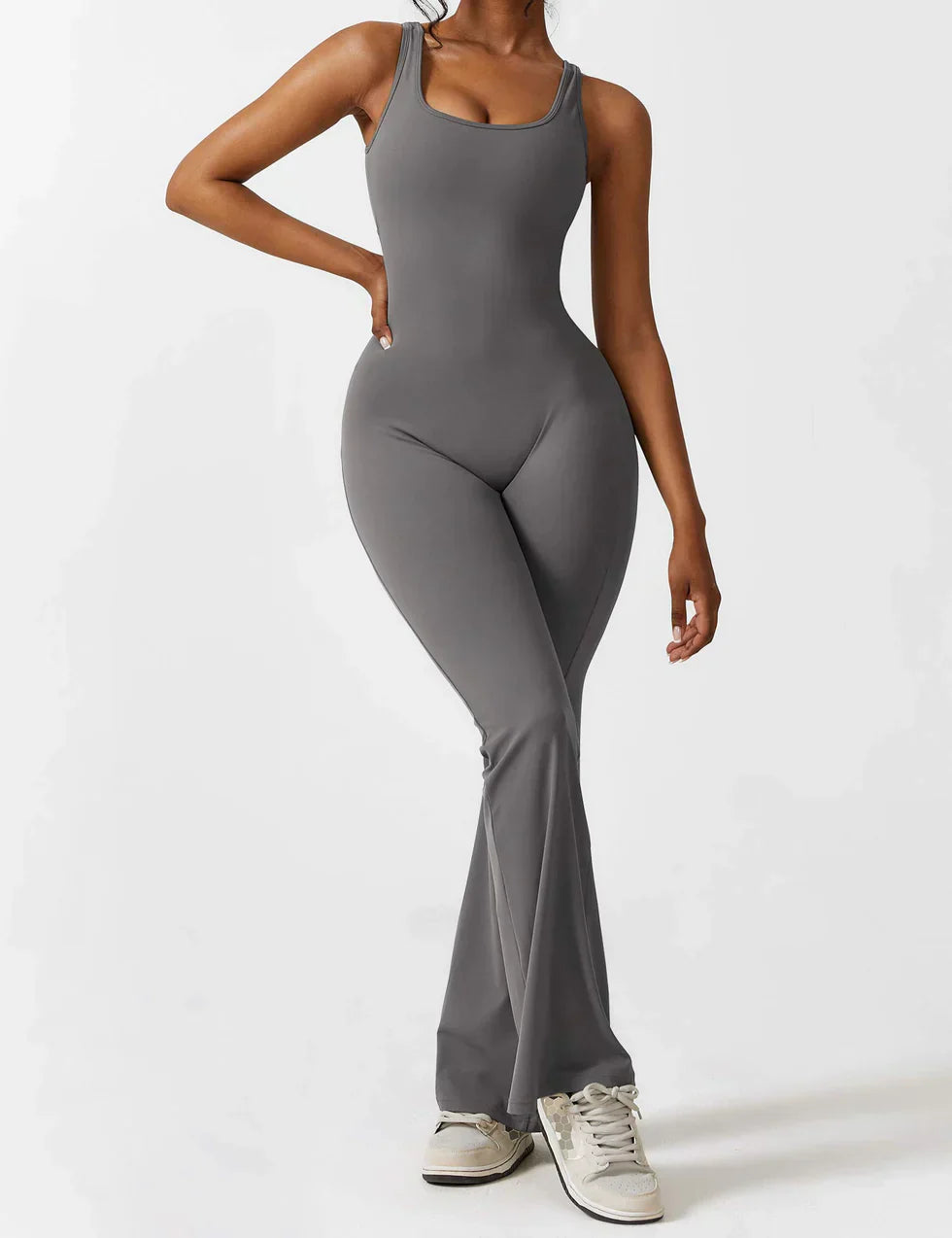 Sophia | Women's Flared Scrunched V-Back Jumpsuit-Metro Lane Plaza