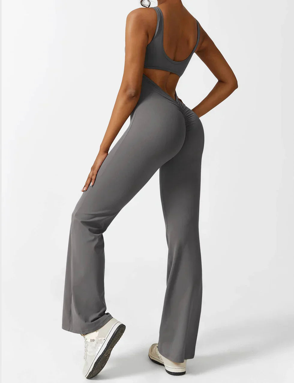 Sophia | Women's Flared Scrunched V-Back Jumpsuit-Metro Lane Plaza