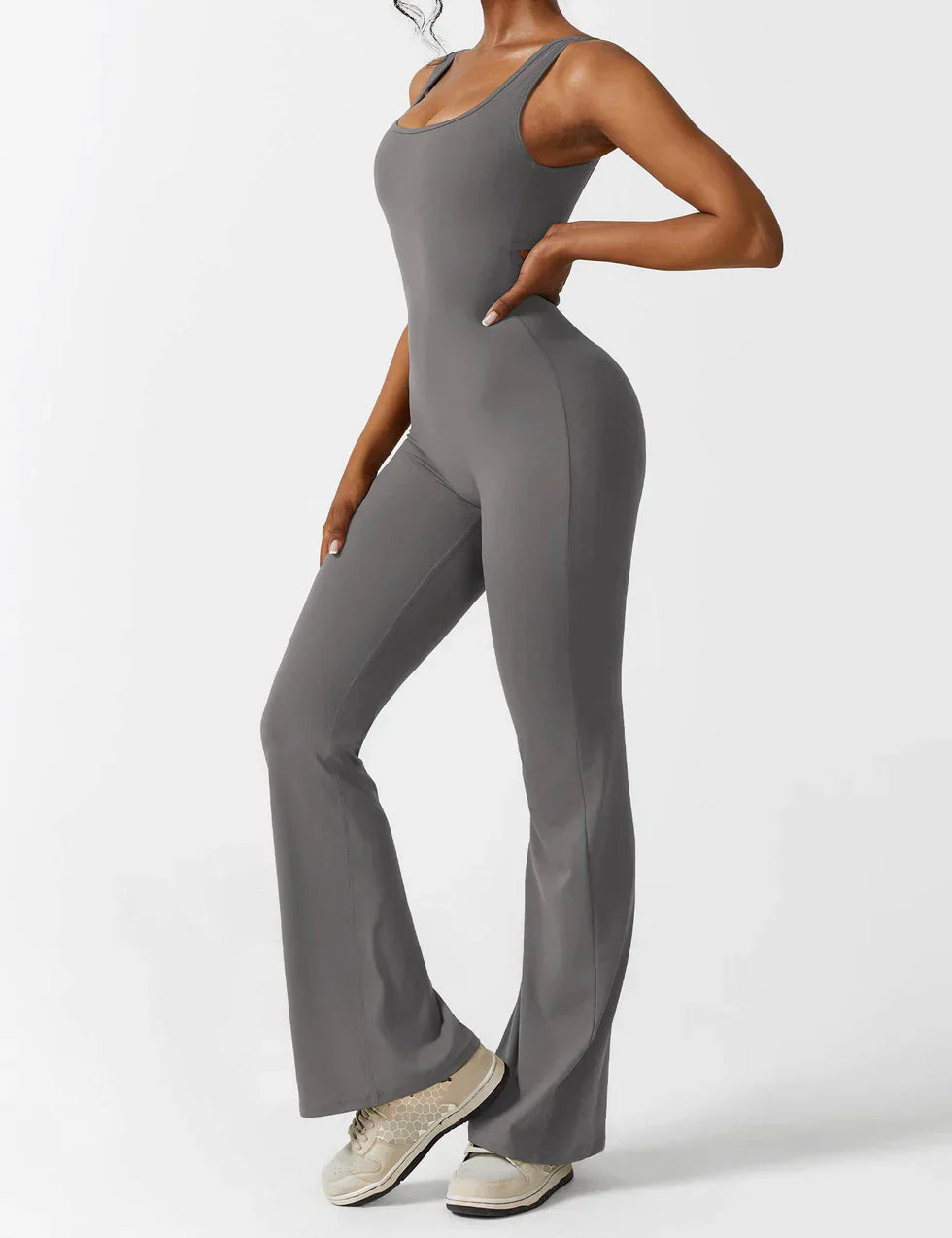 Sophia | Women's Flared Scrunched V-Back Jumpsuit-Metro Lane Plaza
