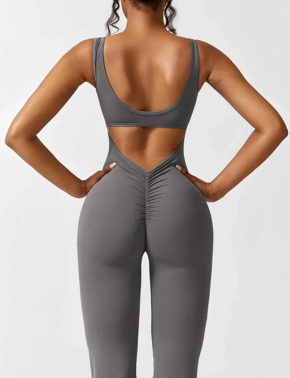 Sophia | Women's Flared Scrunched V-Back Jumpsuit-Metro Lane Plaza