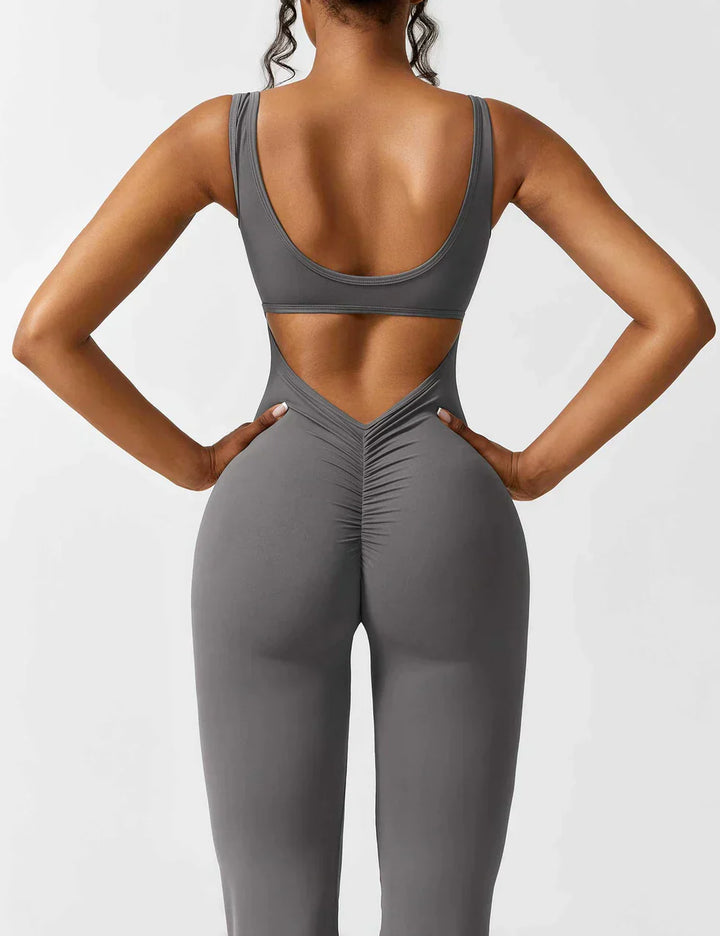 Sophia | Women's Flared Scrunched V-Back Jumpsuit-Metro Lane Plaza