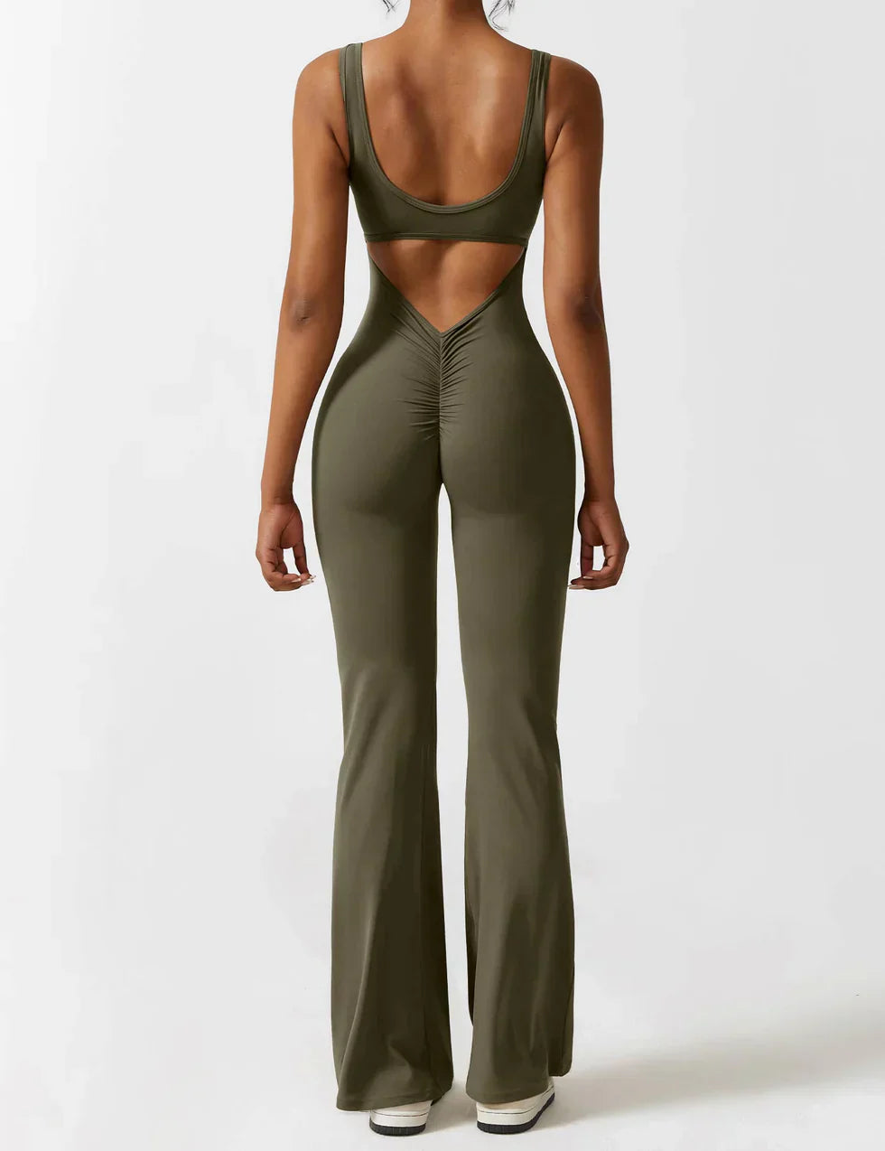 Sophia | Women's Flared Scrunched V-Back Jumpsuit-Metro Lane Plaza