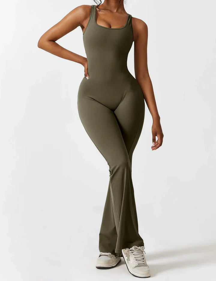 Sophia | Women's Flared Scrunched V-Back Jumpsuit-Metro Lane Plaza