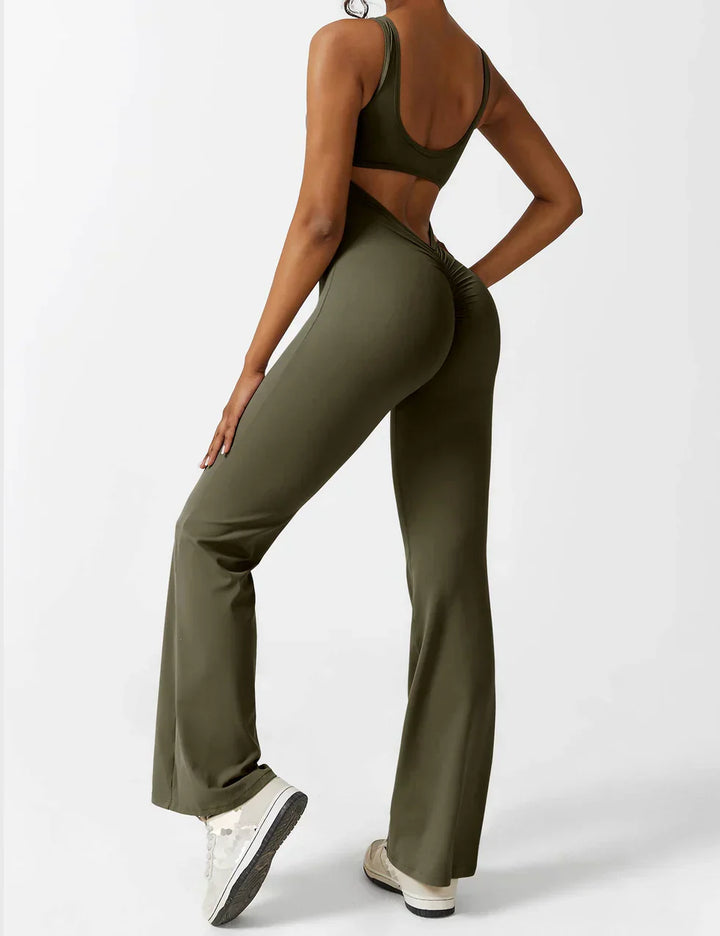 Sophia | Women's Flared Scrunched V-Back Jumpsuit-Metro Lane Plaza