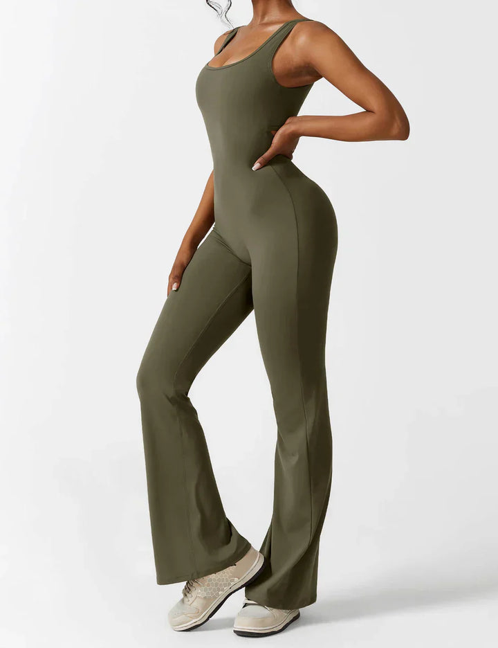 Sophia | Women's Flared Scrunched V-Back Jumpsuit-Metro Lane Plaza