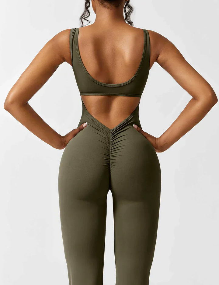 Sophia | Women's Flared Scrunched V-Back Jumpsuit-Metro Lane Plaza