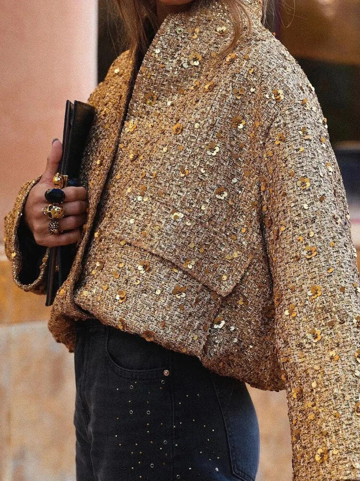 Sophia | Women's Gold Sequin Bomber Jacket-Metro Lane Plaza