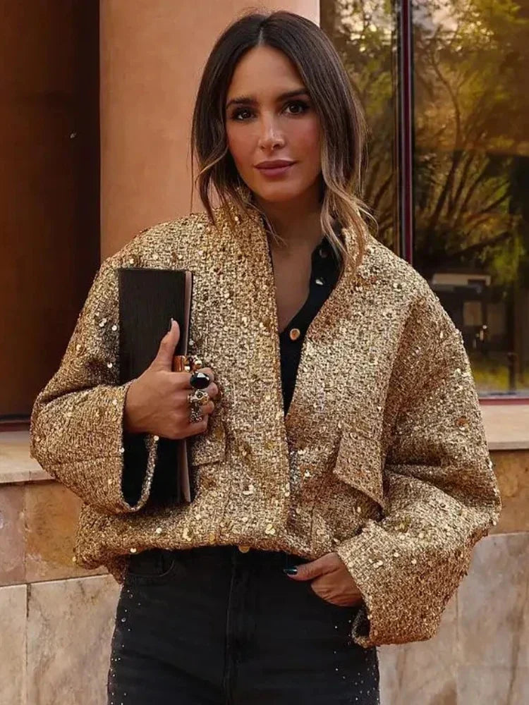 Sophia | Women's Gold Sequin Bomber Jacket-Metro Lane Plaza