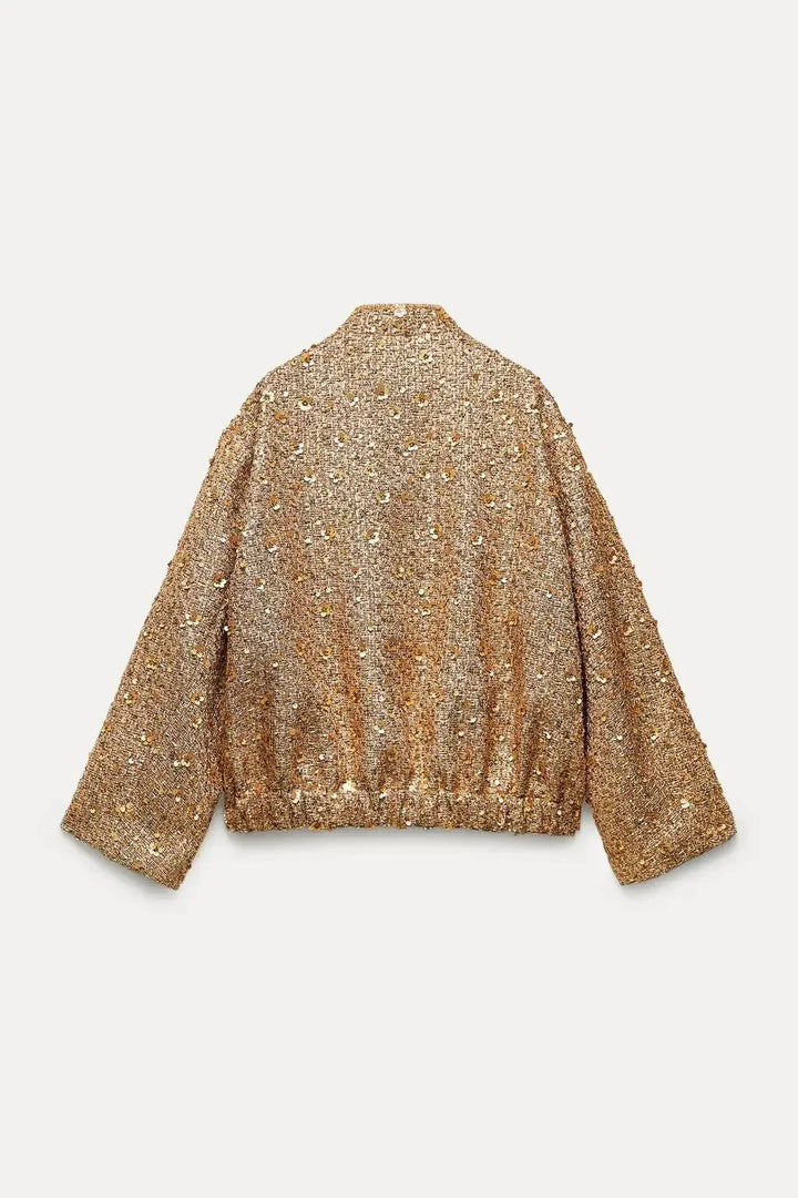 Sophia | Women's Gold Sequin Bomber Jacket-Metro Lane Plaza