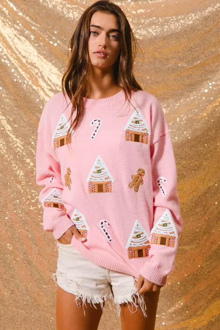 Camisola de gola redonda de inverno com tema natalício para senhora