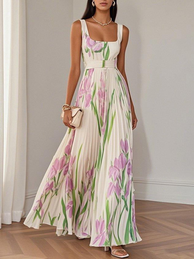 Anastasia | Women's White Floral Pleated Maxi Dress-Metro Lane Plaza