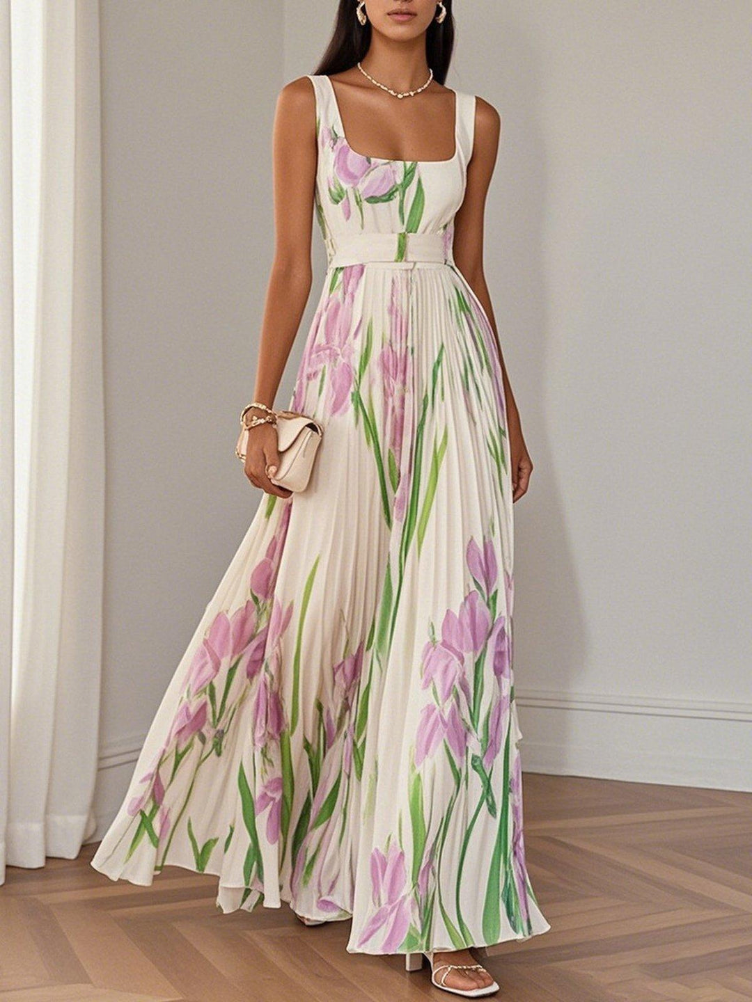 Anastasia | Women's White Floral Pleated Maxi Dress-Metro Lane Plaza