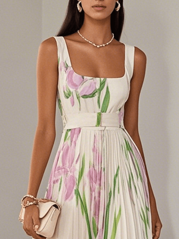 Anastasia | Women's White Floral Pleated Maxi Dress-Metro Lane Plaza