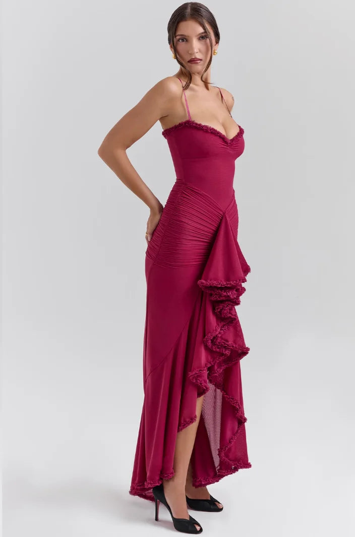 Women's Fitted Midi Dress with Ruffled Details-Metro Lane Plaza