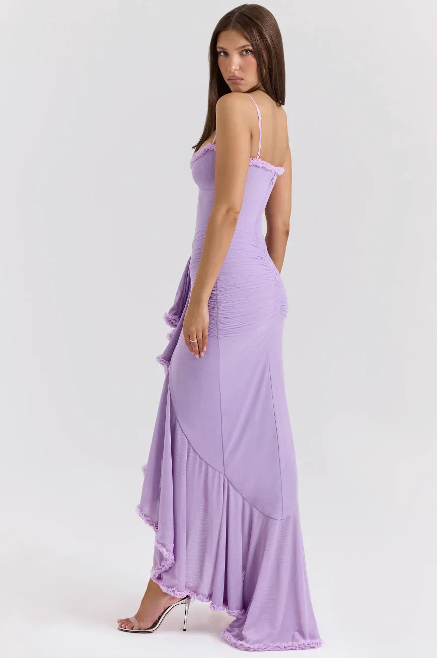 Women's Fitted Midi Dress with Ruffled Details-Metro Lane Plaza