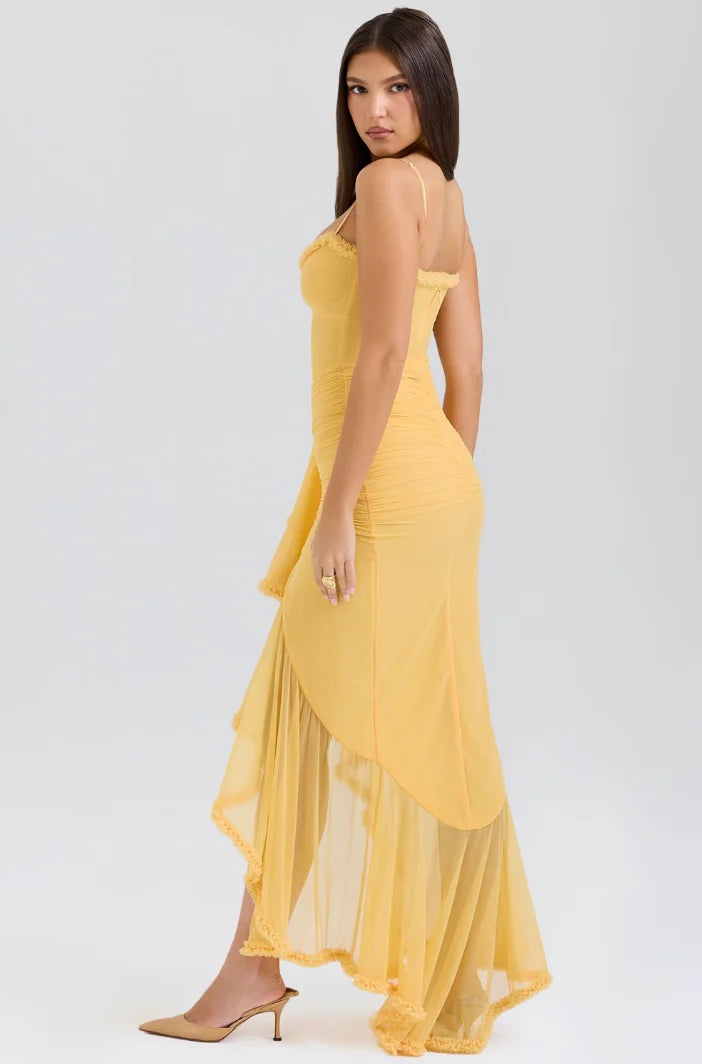 Women's Fitted Midi Dress with Ruffled Details-Metro Lane Plaza