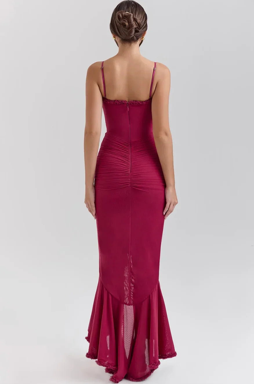 Women's Fitted Midi Dress with Ruffled Details-Metro Lane Plaza