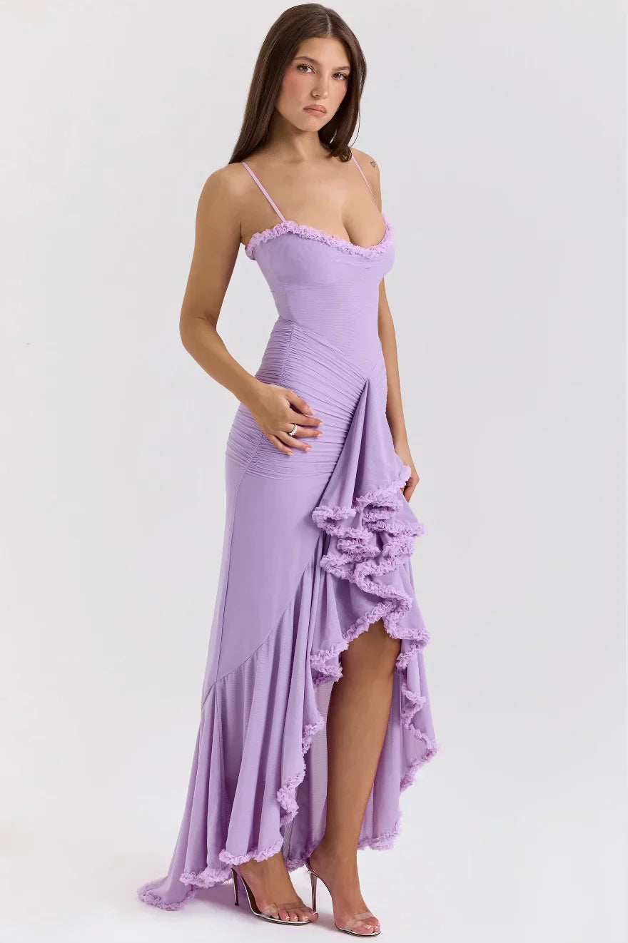 Women's Fitted Midi Dress with Ruffled Details-Metro Lane Plaza