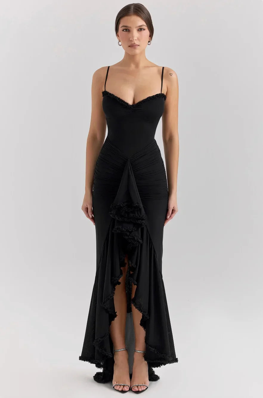 Women's Fitted Midi Dress with Ruffled Details-Metro Lane Plaza