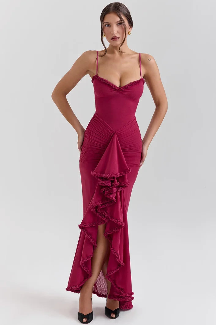 Women's Fitted Midi Dress with Ruffled Details-Metro Lane Plaza