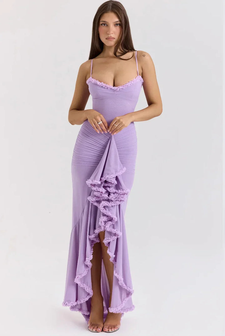 Women's Fitted Midi Dress with Ruffled Details-Metro Lane Plaza