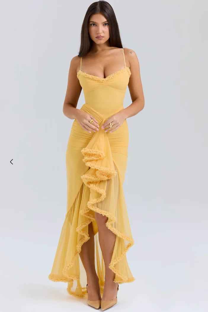 Women's Fitted Midi Dress with Ruffled Details-Metro Lane Plaza