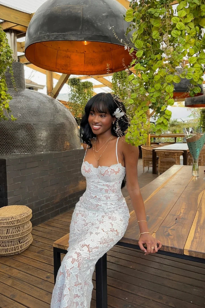Women's White Fitted Lace Maxi Dress-Metro Lane Plaza