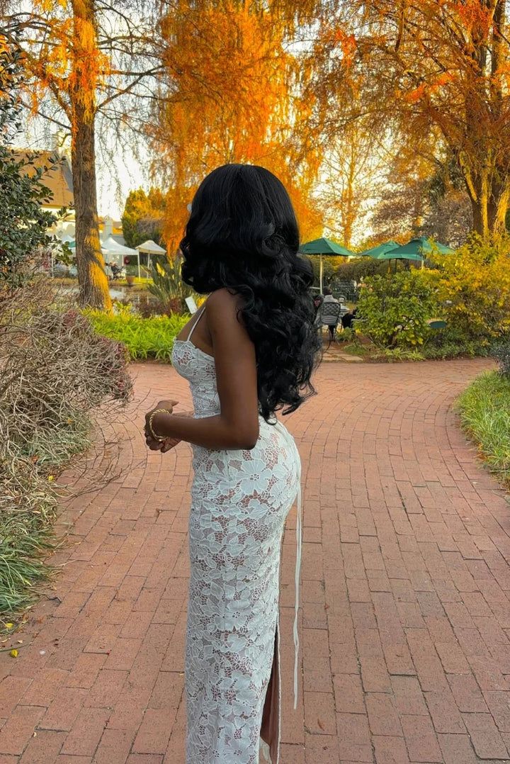 Women's White Fitted Lace Maxi Dress-Metro Lane Plaza