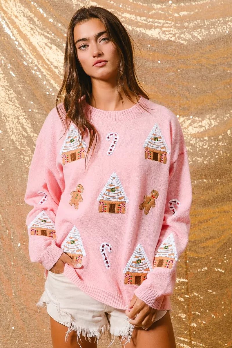 Camisola de gola redonda de inverno com tema natalício para senhora