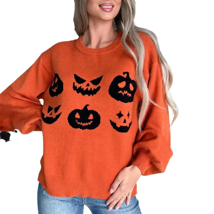 Women's Oversized Pumpkin Graphic Knit Sweater for Halloween